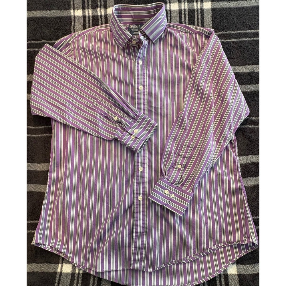 Polo Ralph Lauren Shirt Mens 17 32/33 Purple Green Striped Regent Custom‎ Fit